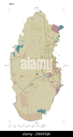 Shape of a topographic, OSM Humanitarian style map of the Qatar, with distance scale and map border coordinates, isolated on white Stock Photo