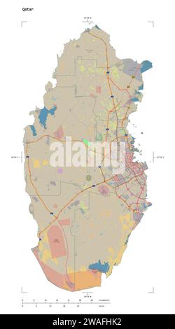 Shape of a topographic, OSM Germany style map of the Qatar, with distance scale and map border coordinates, isolated on white Stock Photo