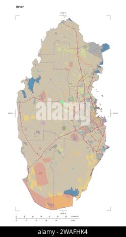 Shape of a topographic, OSM standard style map of the Qatar, with distance scale and map border coordinates, isolated on white Stock Photo