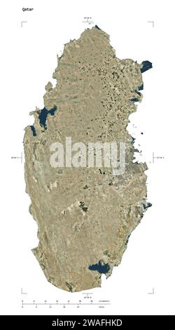 Shape of a high resolution satellite map of the Qatar, with distance scale and map border coordinates, isolated on white Stock Photo