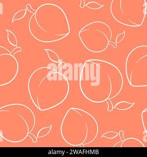 Peach or apricot seamless pattern in line art style. Summer tropical endless design for label, fabric, packaging. Vector illustration on a peach Stock Vector