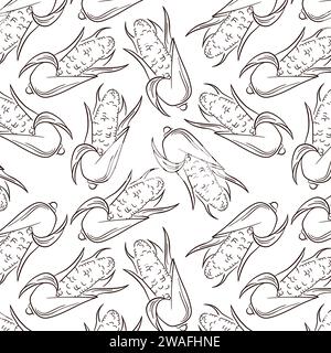 Corn cob maize seamless pattern in line art style. Corn doodle harvest wallpaper. Vector illustration on a white background. Stock Vector
