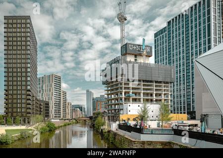 Cityscape showing the modern architecture at the heart of Manchester. Union coliving apartments can be seen under construction. Stock Photo