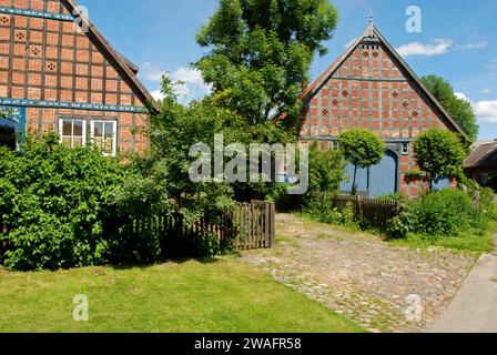 05.06.2013 Fachwerkhäuser im Grünen Deutschland/ Niedersachsen/ Wendland/ Jeetzel/ Dorfleben/ Landleben/ Landliebe/ idyllisch im Grünen gelegene alte Fachwerkhäuser/ Frühjahr/ Garten/ Gartenzaun mit geschnitzten Köpfen auf den Pfeilern/ Sträucher und Blumen/ Wiese/ gepflasterte Wege *** 05 06 2013 half-timbered houses in the countryside Germany Lower Saxony Wendland Jeetzel village life country life country love idyllic old half-timbered houses in the countryside spring garden garden fence with carved heads on the pillars shrubs and flowers meadow paved paths Stock Photo