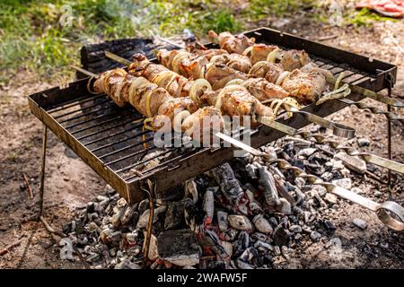 Barbecue at a picnic with grilled kebabs. Half-cooked pieces of pork meat on skewers on an old iron portable grill over coals In the forest in spring Stock Photo