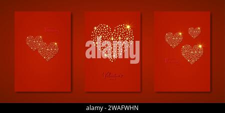 Happy Valentines day vector set greeting card. Gold dots hearts on red background. Holiday poster with text, jewels. Concept for Valentines banner Stock Vector