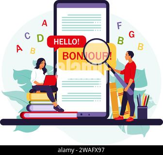 Translating app on mobile phone. People using online translation service for foreign language. Vector illustration. Isolated flat. Stock Vector