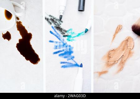 Collage of different types of stains on the upholstery of the couch or carpet. Furniture fabric. Stain remove and cleaning concept. Stock Photo