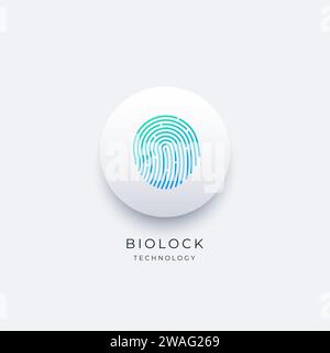 Fingerprint round button. Simple icon for logo or app. Biometric access, security touch scanner, human identification. Stock vector illustration isola Stock Vector