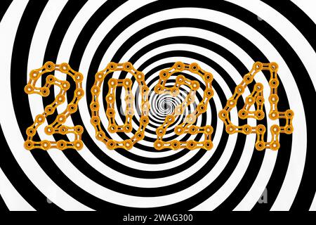 Hypnosis visualisation conept endless spiral with 2024 Happy New Year made from golden chain links Stock Photo