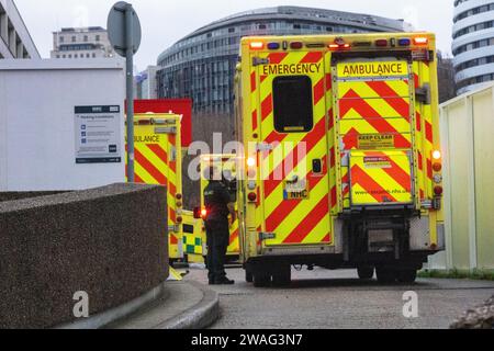 London, UK. 04th Jan, 2024. Ambulances waiting outside St Thomas' Hospital London during the Junior Doctors Strike London UK Credit: Ian Davidson/Alamy Live News Stock Photo