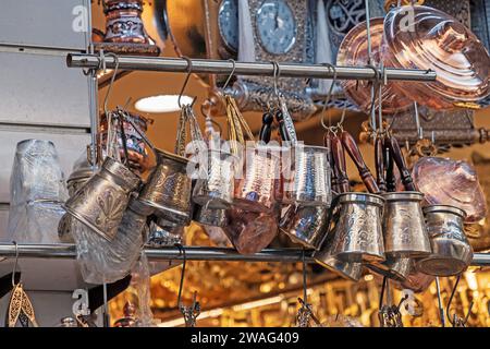 Retro metal empty coffee pots sold outside on a market in Istanbul Stock Photo