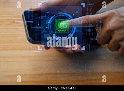 Keypad, cyber shield, lock, technology security system. Digital link. Cyber security with advanced technology. Stock Photo