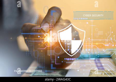 Keypad, cyber shield, lock, technology security system. Digital link. Cyber security with advanced technology. Stock Photo