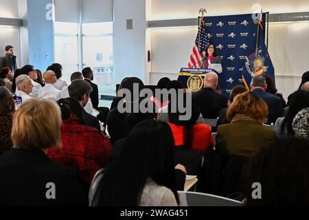 Gov. Kathy Hochul unveils third proposal of 2024 State of the State at Wyckoff Heights Medical Center on January 4, 2024 in New York City. Stock Photo
