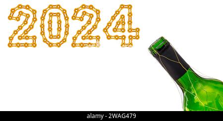 the neck of a open wine bottle isolated against white with 2024 Happy New Year made by golden bicycle chain links Stock Photo