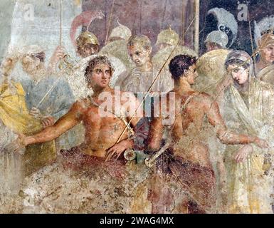 Agamemnon. Achilles' surrender of Briseis to Agamemnon, from the House of the Tragic Poet in Pompeii, Italy, fresco, 1st century AD. In Greek mythology, Agamemnon was a king of Mycenae who commanded the Greeks during the Trojan War. Stock Photo