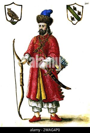 Marco Polo. Portrait of the Venetian merchant and explorer, Marco Polo (c. 1254-1324), 18th century illustration in Tartar uniform Stock Photo