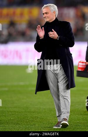 Jose Mourinho coach of AS Roma attends the warm up during the Serie A football match between AS Roma and SSC Napoli at Olimpico stadium in Rome (Italy), December 23rd, 2023. Stock Photo