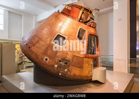London, UK - May 19, 2023: Apollo 10 lunar capsule, the first spacecraft to orbit the moon with the second Apollo mission, exposed at Science Museum o Stock Photo