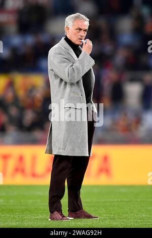 Jose Mourinho coach of AS Roma attends the warm up during the Italy Cup football match between AS Roma and US Cremonese at Olimpico stadium in Rome (Italy), January 3th, 2024. Stock Photo