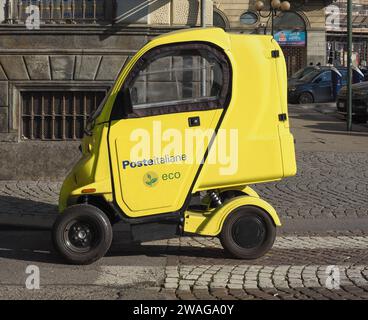 TURIN, ITALY - CIRCA FEBRUARY 2023: Poste Italiane Electric Mail Delivery Vehicle Stock Photo