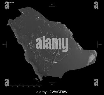 Shape of a Grayscale elevation map with lakes and rivers of the Saudi Arabia, with distance scale and map border coordinates, isolated on black Stock Photo