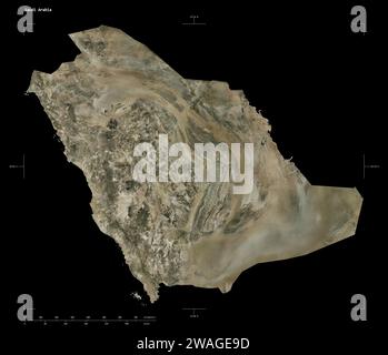 Shape of a high resolution satellite map of the Saudi Arabia, with distance scale and map border coordinates, isolated on black Stock Photo