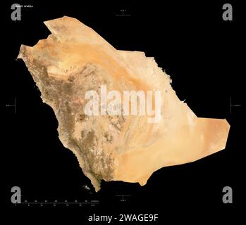 Shape of a low resolution satellite map of the Saudi Arabia, with distance scale and map border coordinates, isolated on black Stock Photo