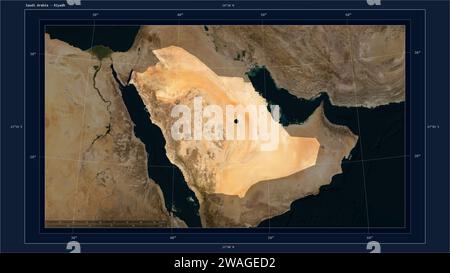 Saudi Arabia highlighted on a low resolution satellite map map with the country's capital point, cartographic grid, distance scale and map border coor Stock Photo