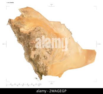 Shape of a low resolution satellite map of the Saudi Arabia, with distance scale and map border coordinates, isolated on white Stock Photo
