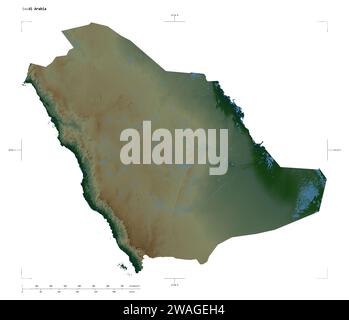 Shape of a Colored elevation map with lakes and rivers of the Saudi Arabia, with distance scale and map border coordinates, isolated on white Stock Photo