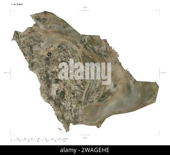 Shape of a high resolution satellite map of the Saudi Arabia, with distance scale and map border coordinates, isolated on white Stock Photo