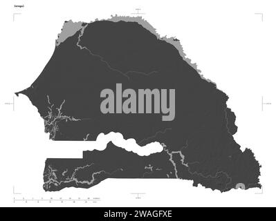 Shape of a Bilevel elevation map with lakes and rivers of the Senegal, with distance scale and map border coordinates, isolated on white Stock Photo