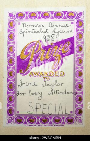 Book Name Plate, Church attendance prize, awarded from Spiritualist Lyceum, 1938 Stock Photo
