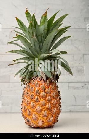 Whole Pineapple Standing Upright On Restaurant Counter, Bokeh Background, pineapple stands. Stock Photo