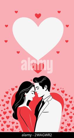 "Elegant couple on a background of red, white, skin, and black hearts. Love composition with space for personalized text. High-quality stock images". Stock Vector