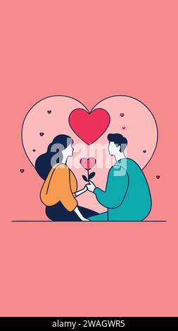 Romantic scene: Couple sitting on skin background, man aquamarine suit gives pink heart to woman mustard sweater. Love and elegance in unique image. Stock Vector