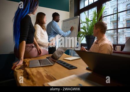 Multiethnic team of scientist working on new mathematical or physical theory Stock Photo