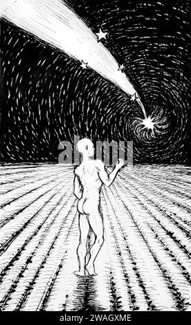 Ink drawing b&w image, man fat night under a comet Stock Photo