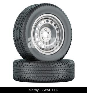 Two car steel wheels with tires. 3D rendering isolated on white background Stock Photo