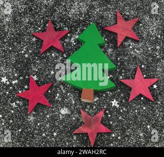 wooden decorative Christmas tree and stars, Christmas decoration Stock Photo