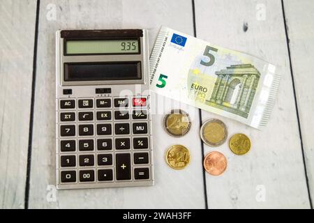 calculator with 9.35 on the display and money, symbol image minimum wage 2020 Stock Photo