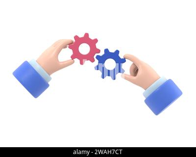 Cartoon Gesture Icon Mockup.Hand drawn 3d illustration of two hands holding cogwheel.3D rendering on white background. Stock Photo