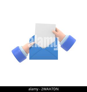 Cartoon Gesture Icon Mockup.hand pulls from envelope a sheet of empty paper. mail concept. 3d illustration in flat style3D rendering on white backgrou Stock Photo