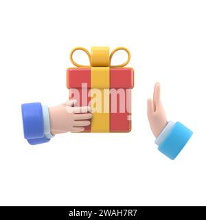 Refusal of gift. No corruption concept. Rejecting proposal. Man holding in hand gift box with ribbon. Gesture rejects the proposal. 3D rendering on wh Stock Photo