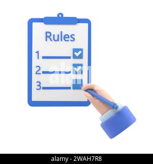 Rules concept. Businessman holding in hand clipboard with regulations. Checklist with requirements. Rule list on blank.3D rendering on white backgroun Stock Photo