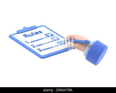 Rules concept. Businessman holding in hand clipboard with regulations. Checklist with requirements. Rule list on blank.3D rendering on white backgroun Stock Photo