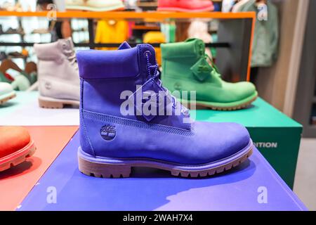 Timberland 50th edition booth premium boot multi colorful bright blue shoes. Thailand, Bangkok 21 december 2024. Stock Photo