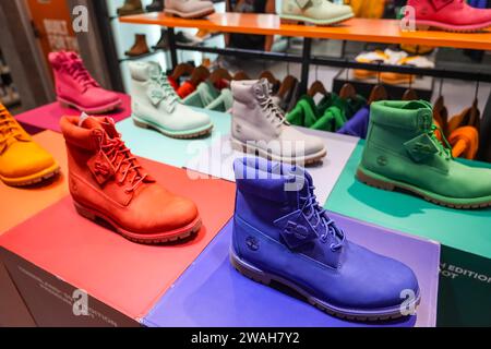 Timberland 50th edition booth premium boot multi colorful bright shoes. Thailand, Bangkok 21 december 2024. Stock Photo